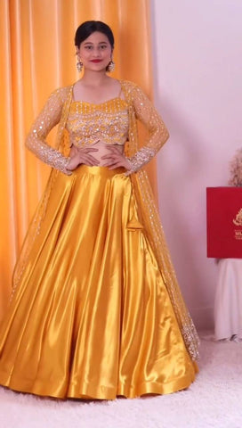 Yellow Color Japan Satin Sequence Thread Work Koti Lehenga Choli