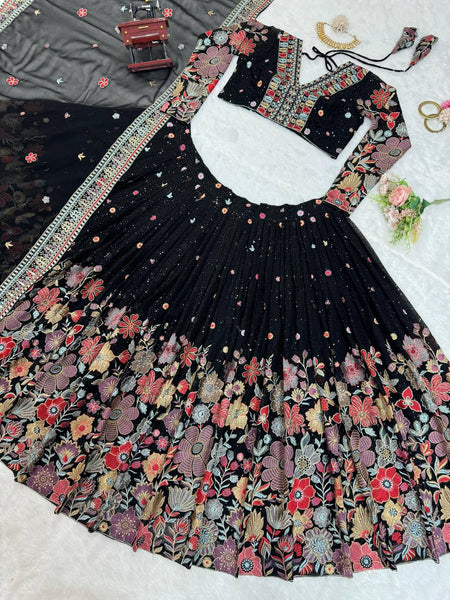 Designer Black Georgette With With Embroidered Work Lehenga