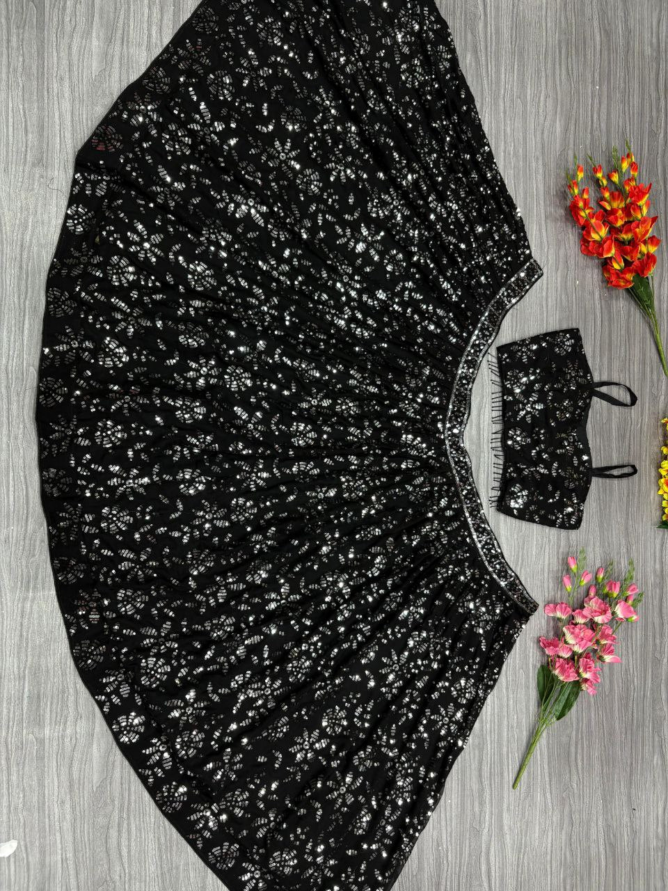 Black Color Sequence Georgette Lehenga Choli