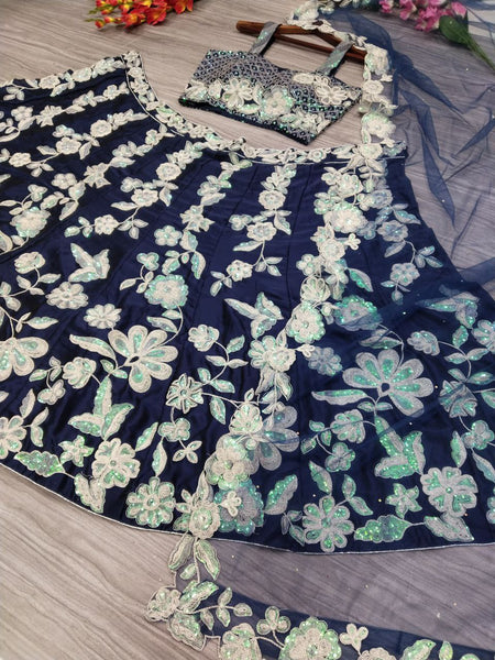 Blue Color Embroidered Sequence Silk Georgette Lehenga Choli