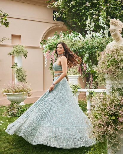 Sea Green Net Sequence Lehenga Choli