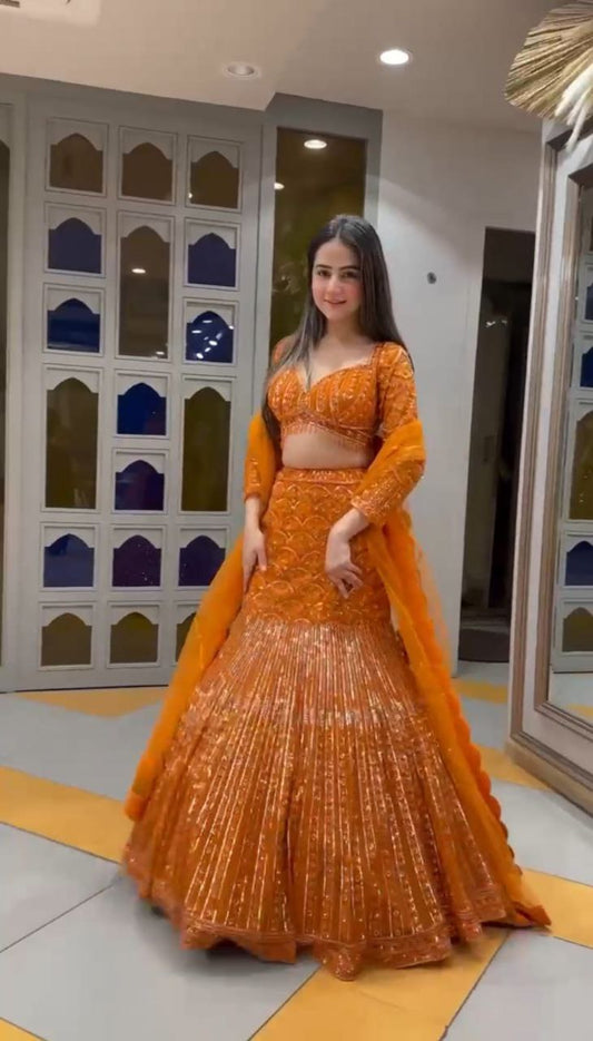 Orange Color Sequence Georgette Lehenga Choli