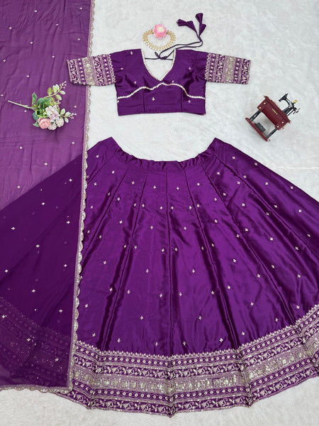 Wine Color Satin Silk Sequence Work Lehenga Choli