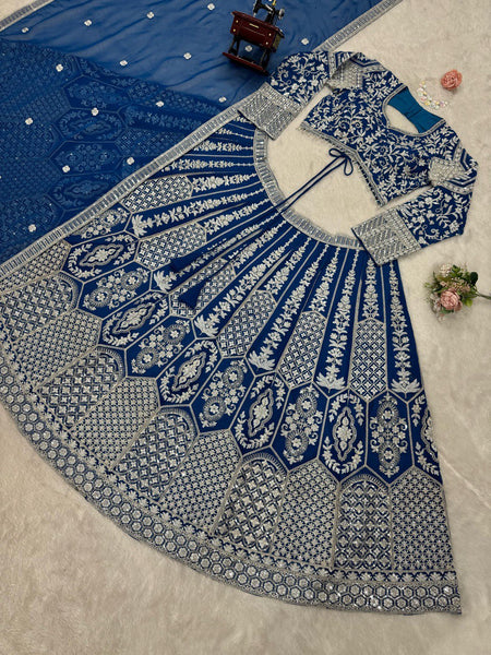 Blue Georgette Embroidery Lehenga