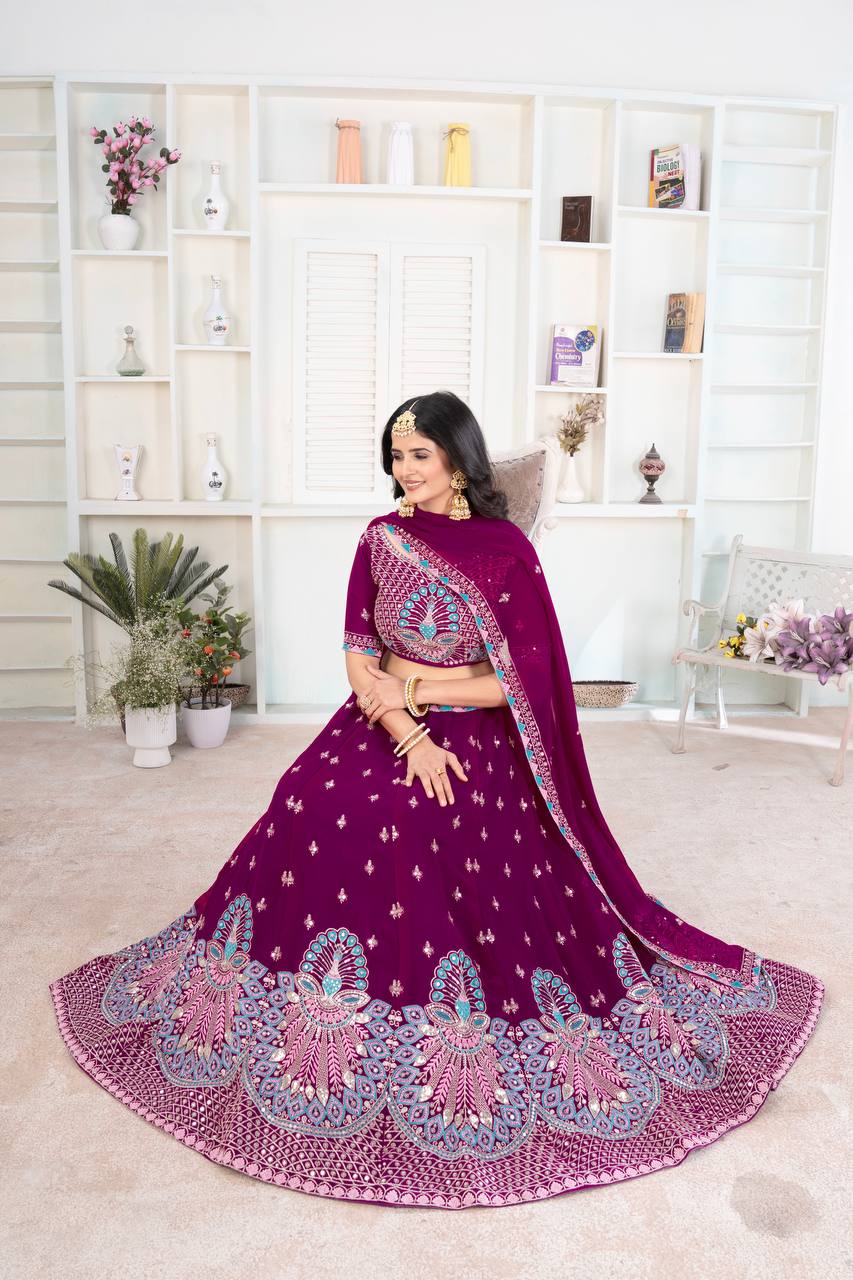 Wedding Wear Wine Georgette Sequence Lehenga Choli