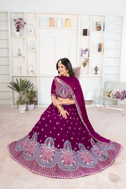 Wedding Wear Wine Georgette Sequence Lehenga Choli