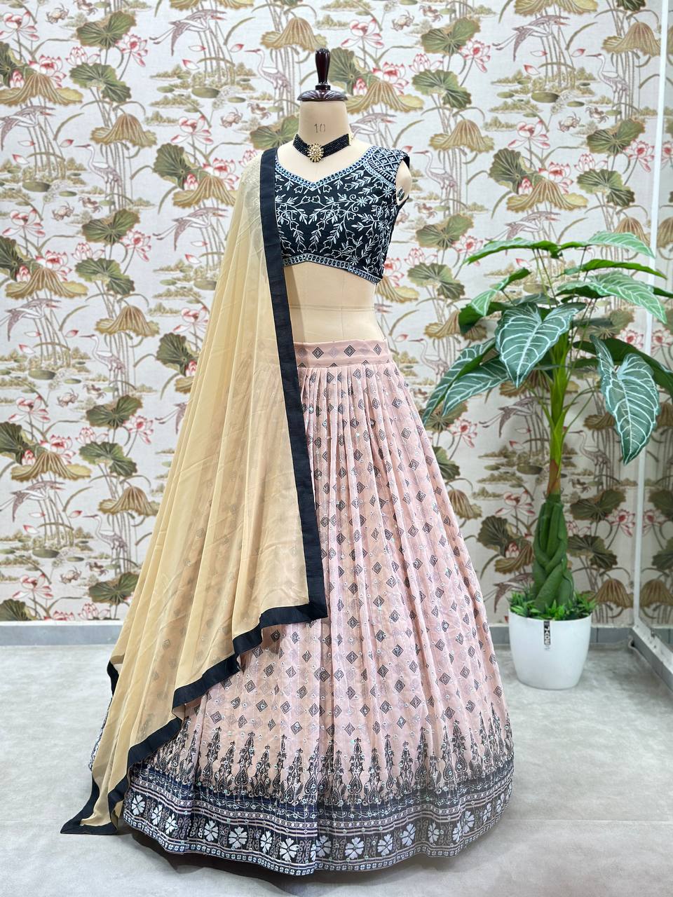 Cream Color Georgette Sequence 4 Meter Flair Lehenga Choli