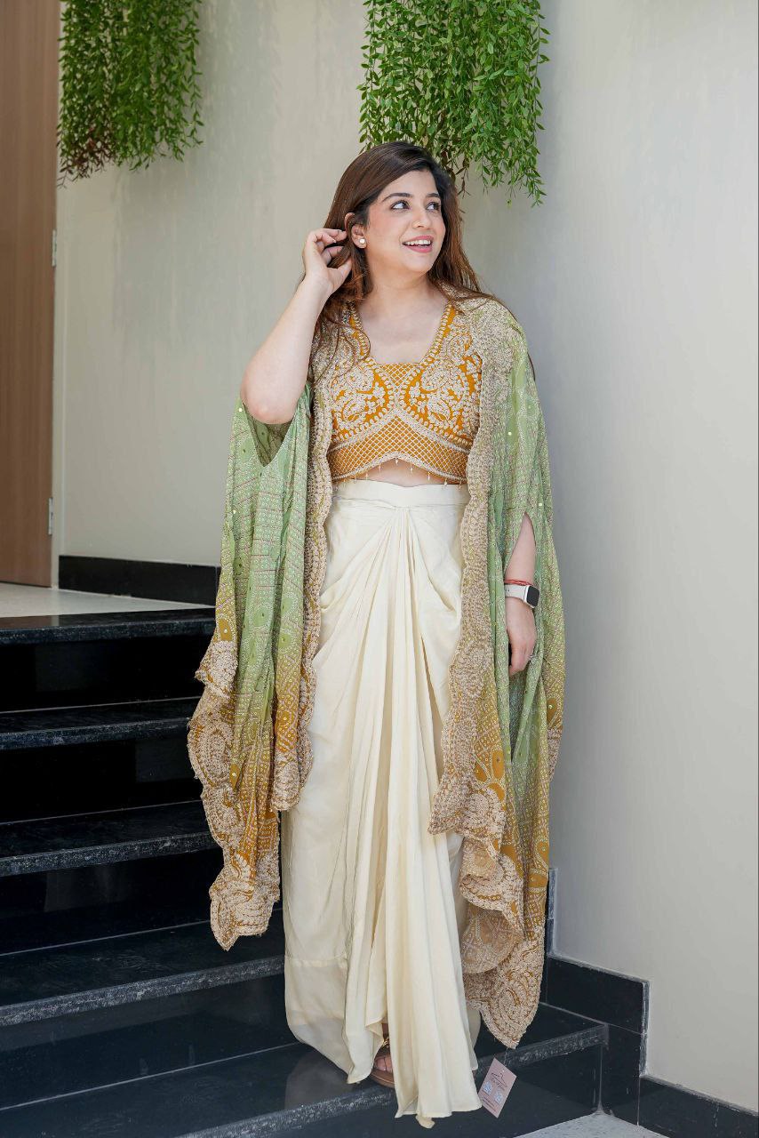 Ready to Wear Chinon Silk Multi Thread Work Indo Western Drape Saree