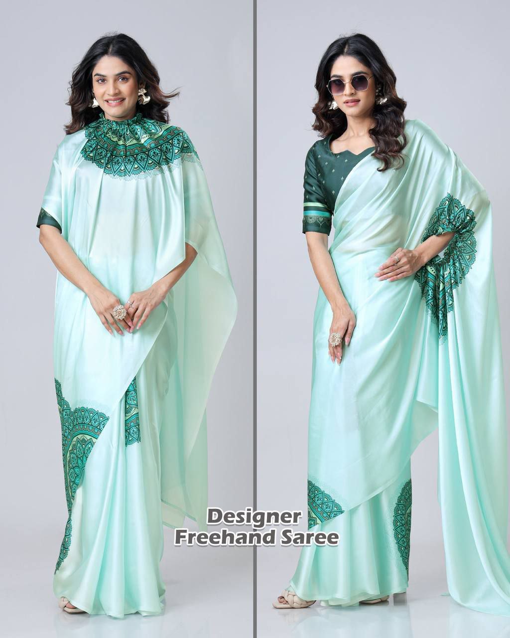 Ready to wear FreeHand Satin Silk Digital Printed Saree