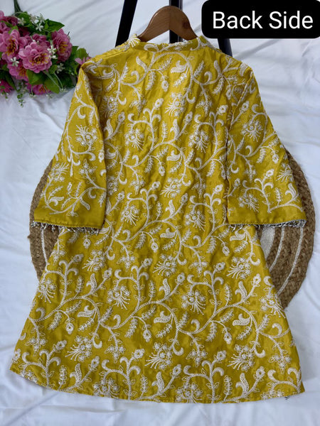 Yellow Color Chinon Silk Muiti Thread Indo Western