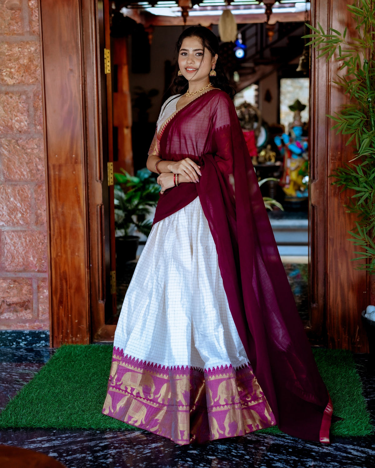 Off WHite Color Chex Weaving Zari Poly Cotton Lehenga Choli