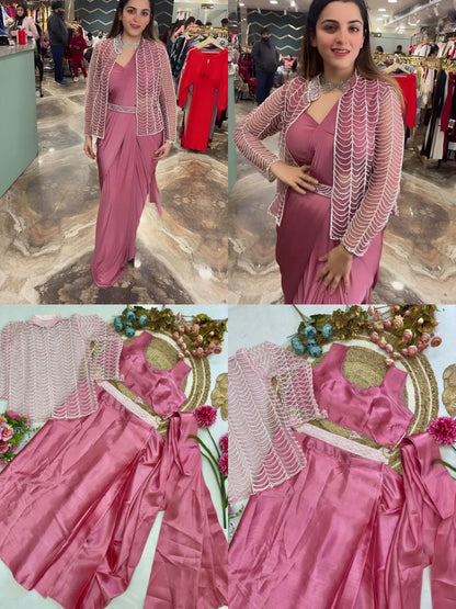 Pink Color Satin Silk Embroidered Ready to Wear Saree With Kotti