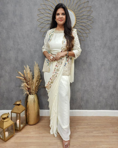 White Color Ready to wear Chinon Silk Jacket Saree