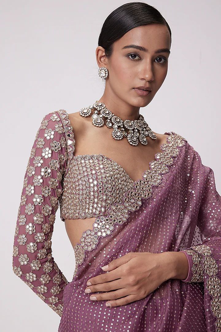 Latest Georgette Real Mirror Sequence Work Saree Blouse