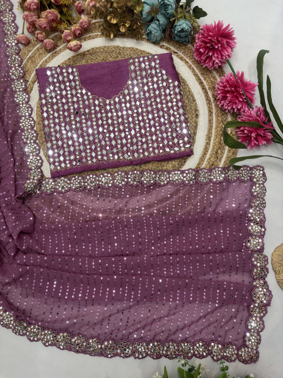Latest Georgette Real Mirror Sequence Work Saree Blouse