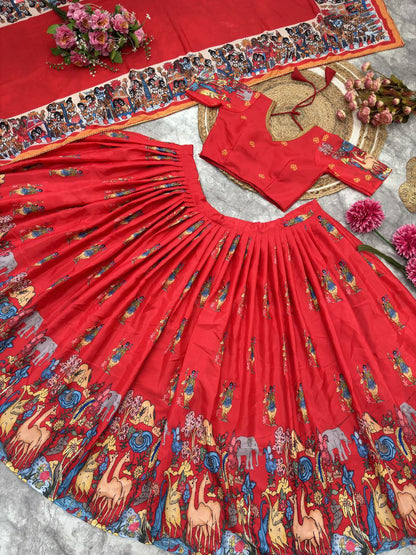 Ready Made Red Color French Crape Silk Printed Lehenga Choli