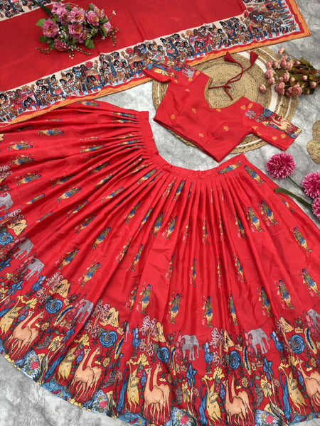 Ready Made Red Color French Crape Silk Printed Lehenga Choli