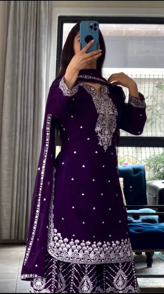 Purple Color Embroidered Chnon Silk Sharara Suit