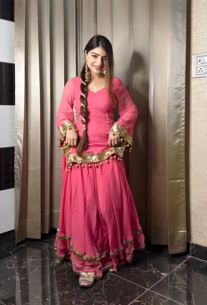 Peach Color Chinon Silk Sequence Work Sharara Suit