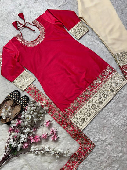 Red Color Satin Silk Sequence Ready Made Salwar Suit