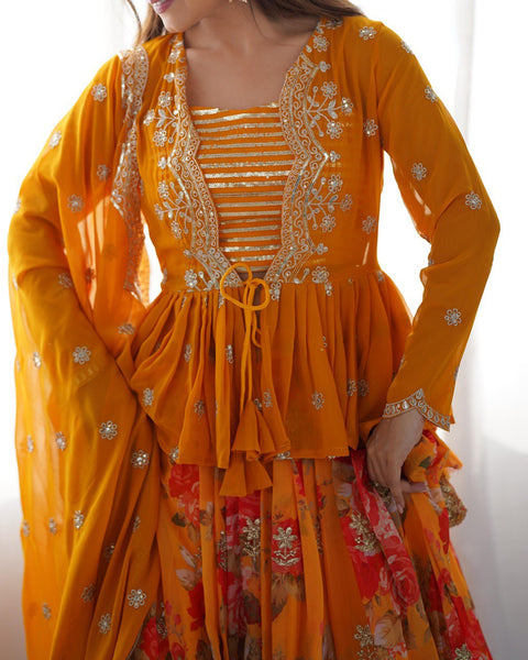Orange Color Georgette Sequence Koti Lehenga Choli