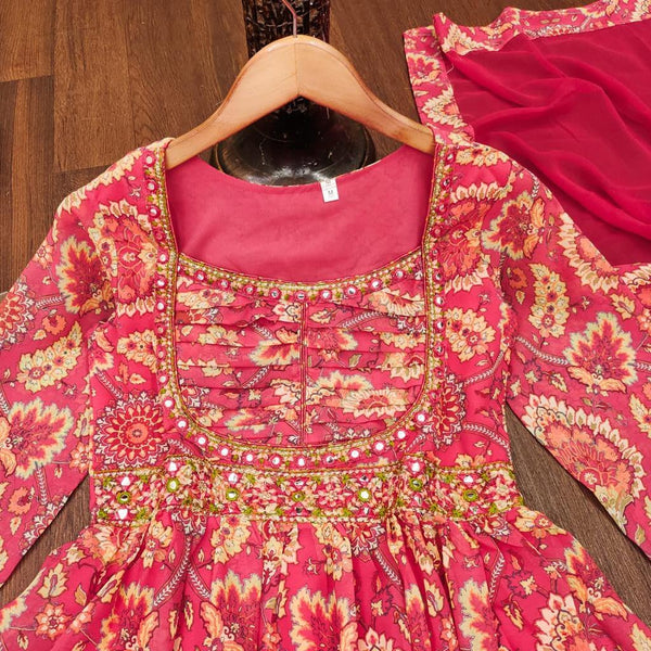 Pink Color Georgette Embroidery Top Pent Dupatta