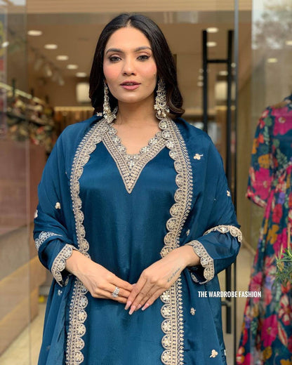 Trendy Rama Satin Embroidery Salwar Suit