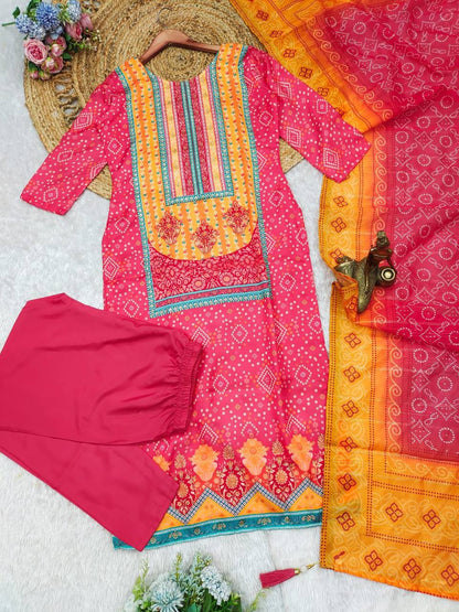 Pink Color Satin Stone Work Bandhani Printed Salwar Suit