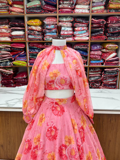 Pink Color Full Stitched Printed Organza Lehenga Choli