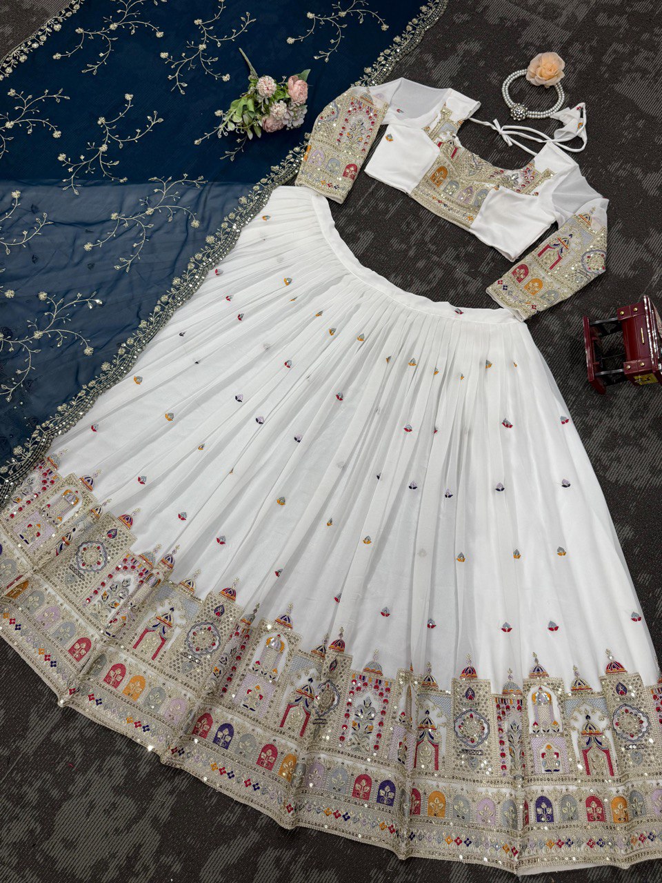 White Color Faux Georgette With Sequnce Work Lehenga Choli