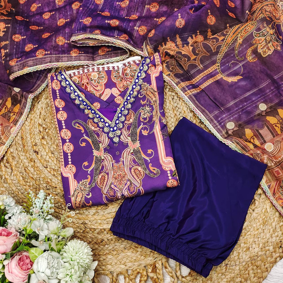 Purple Color Satin Printed Mirror Salwar Suit