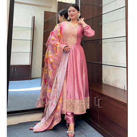 Pastel Pink Color Roman Silk Embroidery Salwar Suit