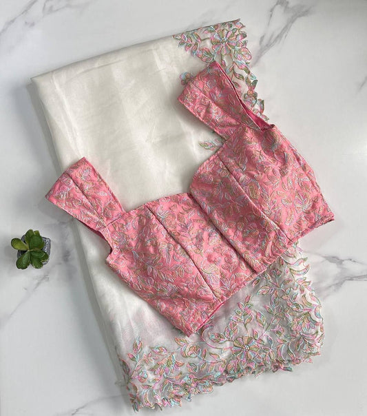 White Color Tabby Silk Embroidery Saree Blouse