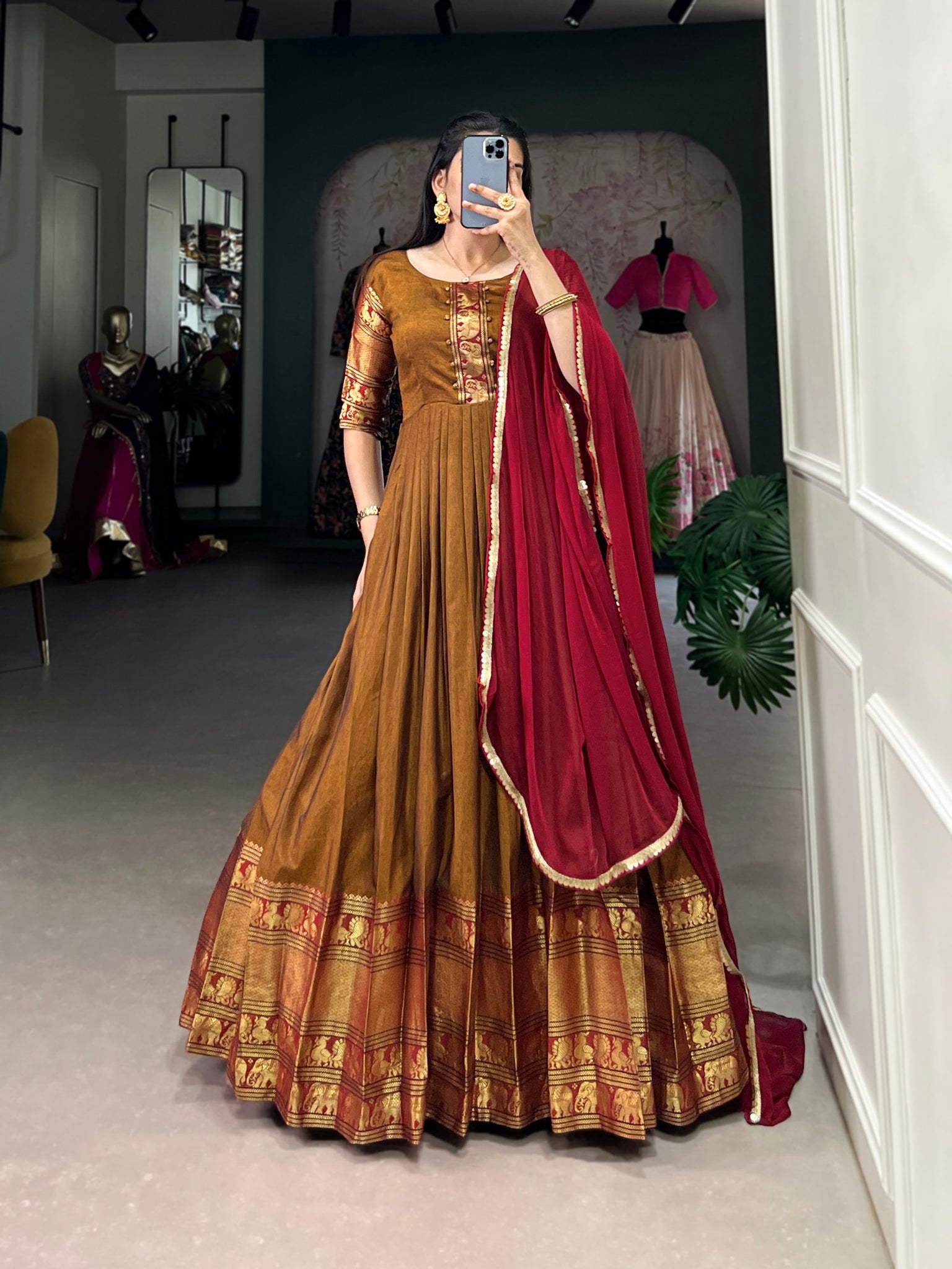 Brown Color Cotton Zari Weaving Gown Dupatta