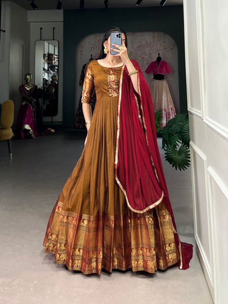 Brown Color Cotton Zari Weaving Gown Dupatta
