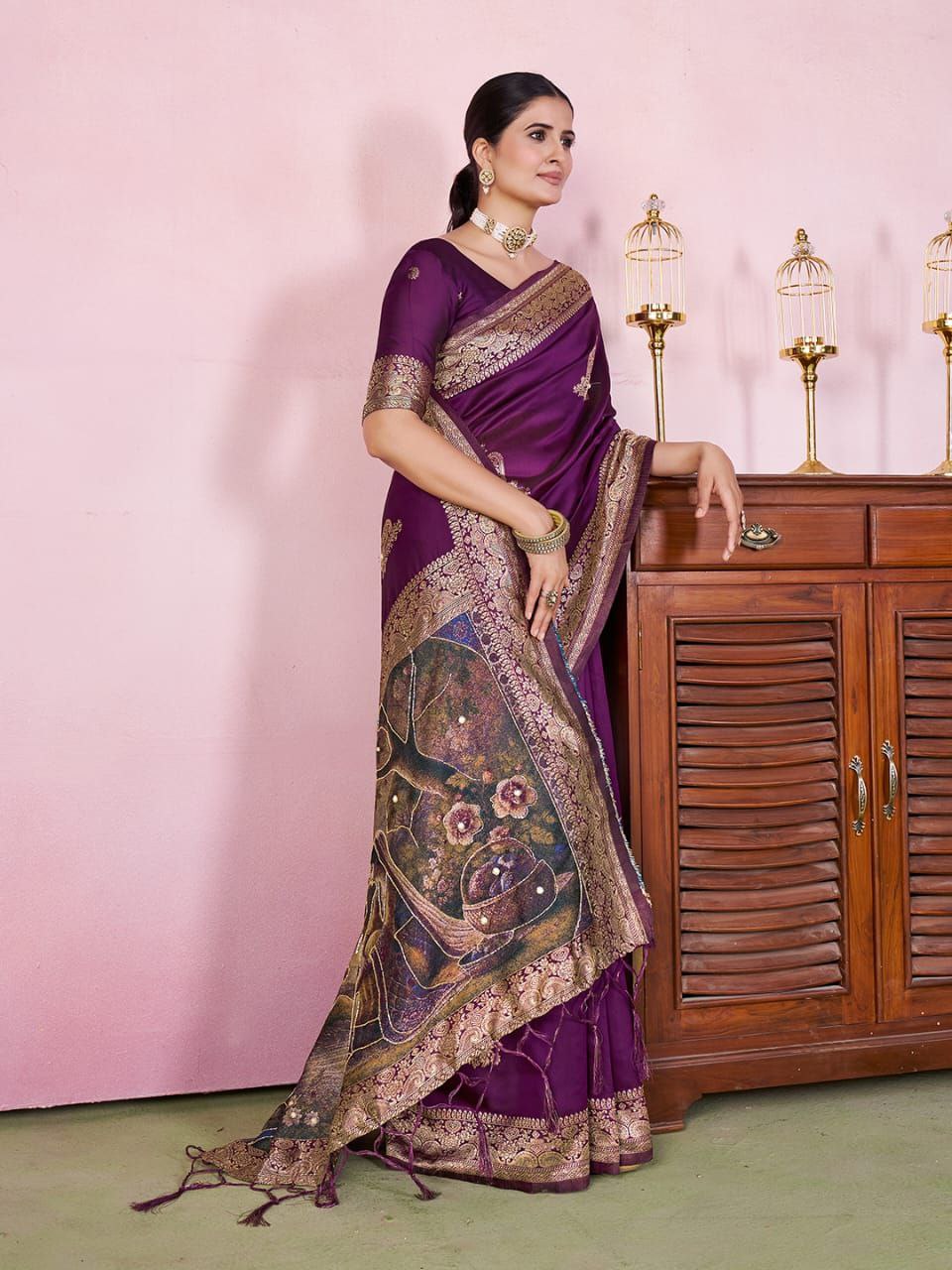 Wine Color Jacquard Zari Weaving Saree Blouse