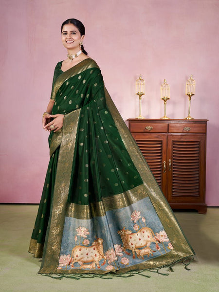 Green Color Jacquard Digital Zari Weaving Saree Blouse