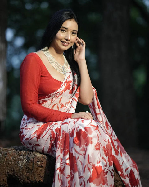 Latest White Color Digital Printed Georgette Saree Blouse