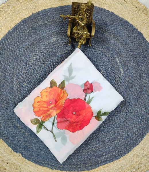 Latest White Color Georgette Hand Work Printed Saree Blouse