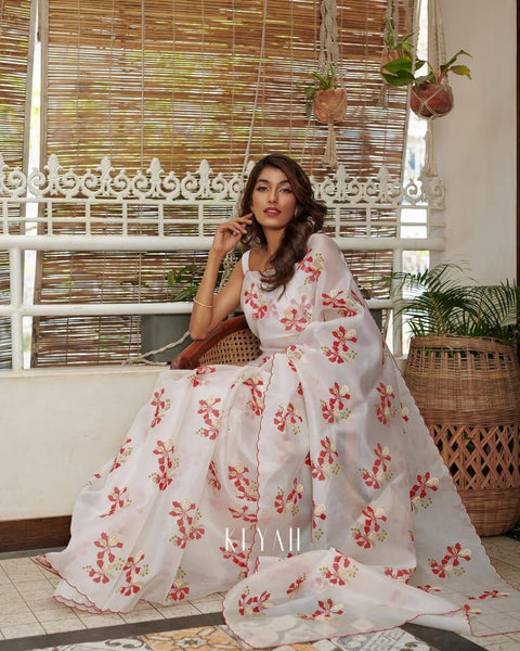 White Color Organza Silk Printed Saree Blouse