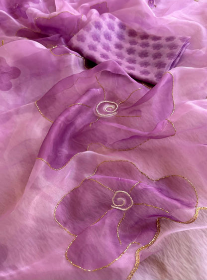 Purple Color Organza Silk Moti Printed Work Saree Blouse