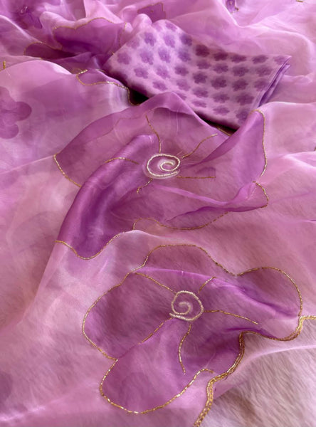 Purple Color Organza Silk Moti Printed Work Saree Blouse