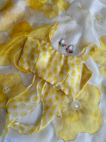 Latest Yellow Color Moti Hand Work Organza Silk Saree Blouse