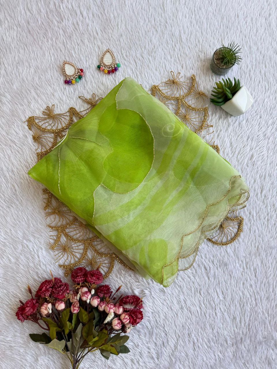 Green Color Organza Silk Digital Printed Hand Work Saree Blouse