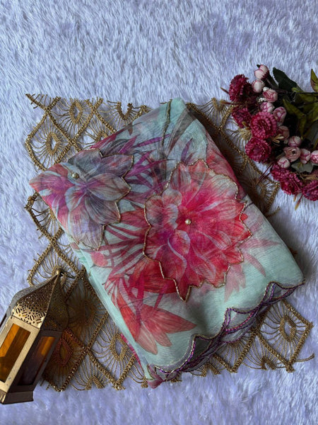 Multi Color Chinon Silk Sequence Printed Saree Blouse