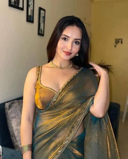 Latest Chiffon Shimmer Cut Dana Hand Work Saree Blouse