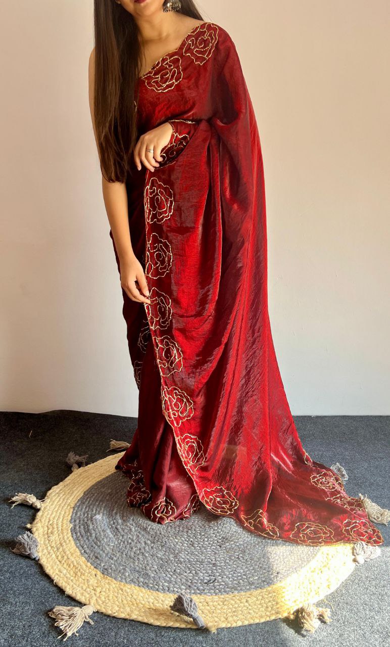 Party Wear Space Silk Cut Work Saree Blouse