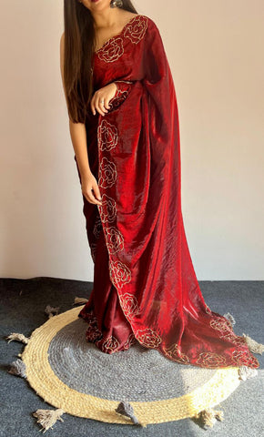 Party Wear Space Silk Cut Work Saree Blouse