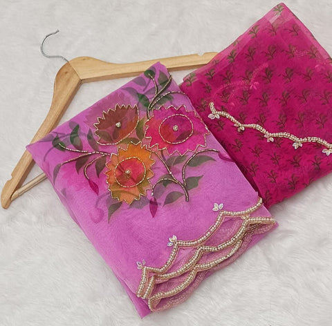 Purple Color Organza Printed Khatli Work Saree Blouse