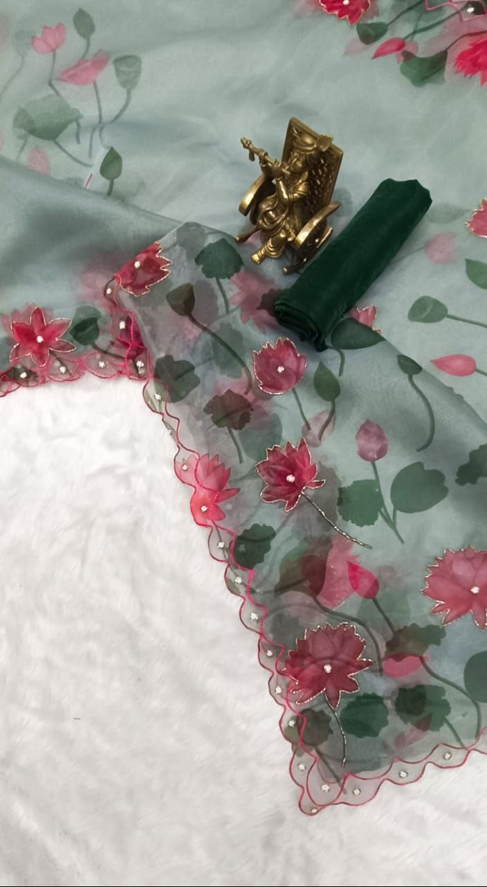 Latest Green Color Moti Khatli Work Organza Saree Blouse